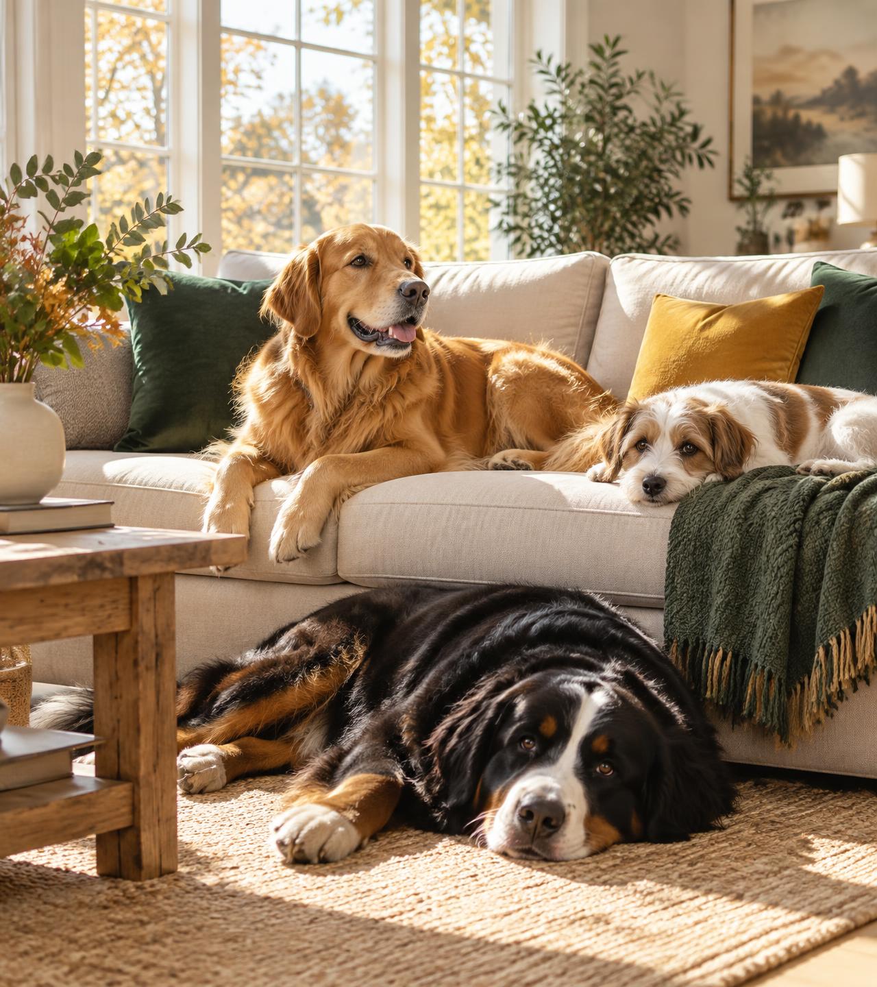 Three relaxed dogs resting together in a warm living room